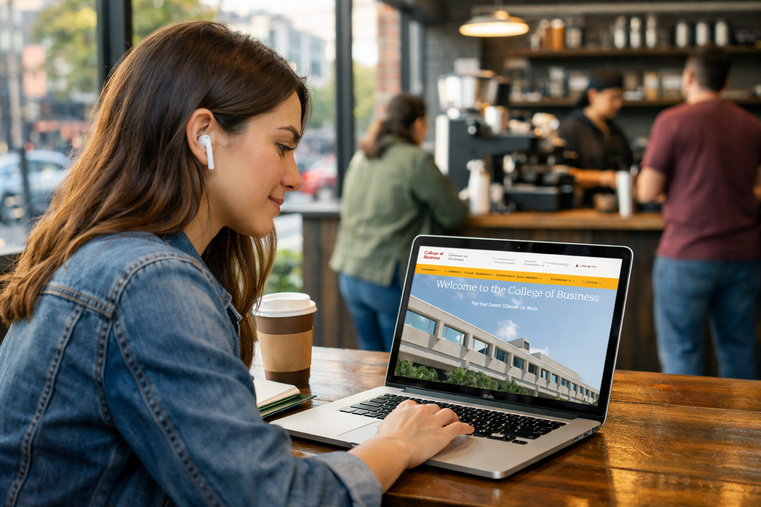Young Lady in Coffee Shop viewing webinar